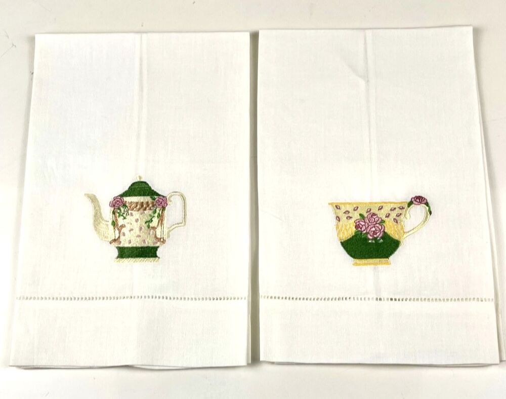 Vintage Embroidered Tea Towel Set Green Teapot Teacup Pink Roses Applique